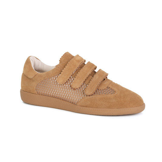 Beige Suede Leather Triple-Strap Mesh Sneakers