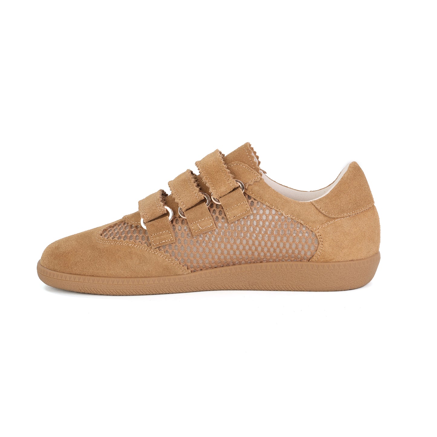 Beige Suede Leather Triple-Strap Mesh Sneakers
