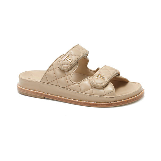 Tan Double-Strap Quilted Leather Slide