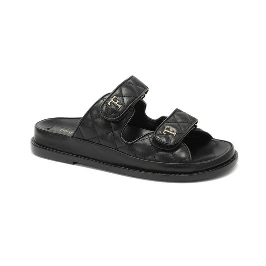 Black Double-Strap Quilted Leather Slide