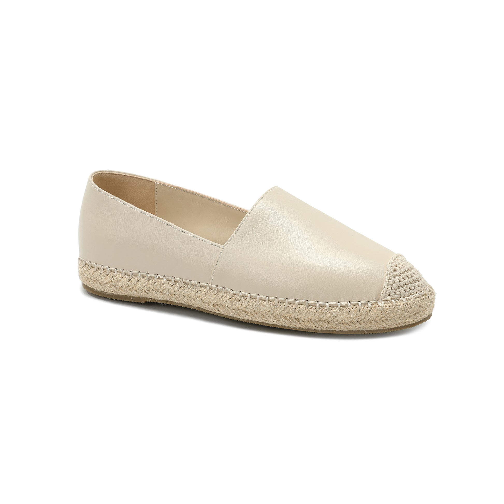 Beige Leather and Esparto Rope-Stitched Contrast Espadrille  Tiffany &  Fred Paris