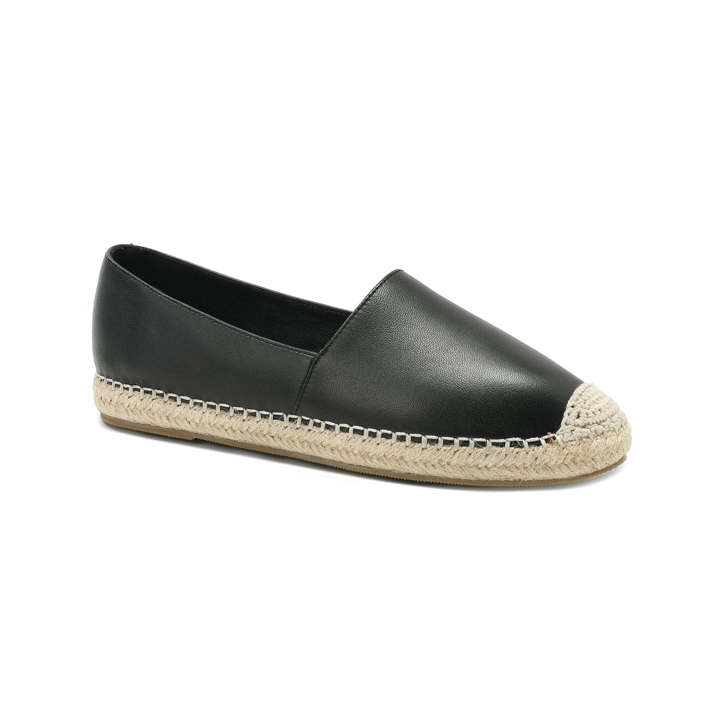 Black Leather and Esparto Rope-Stitched Contrast Espadrille