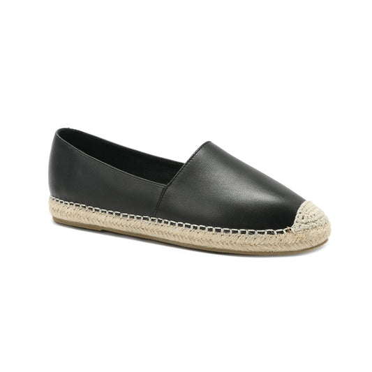 Black Leather and Esparto Rope-Stitched Contrast Espadrille