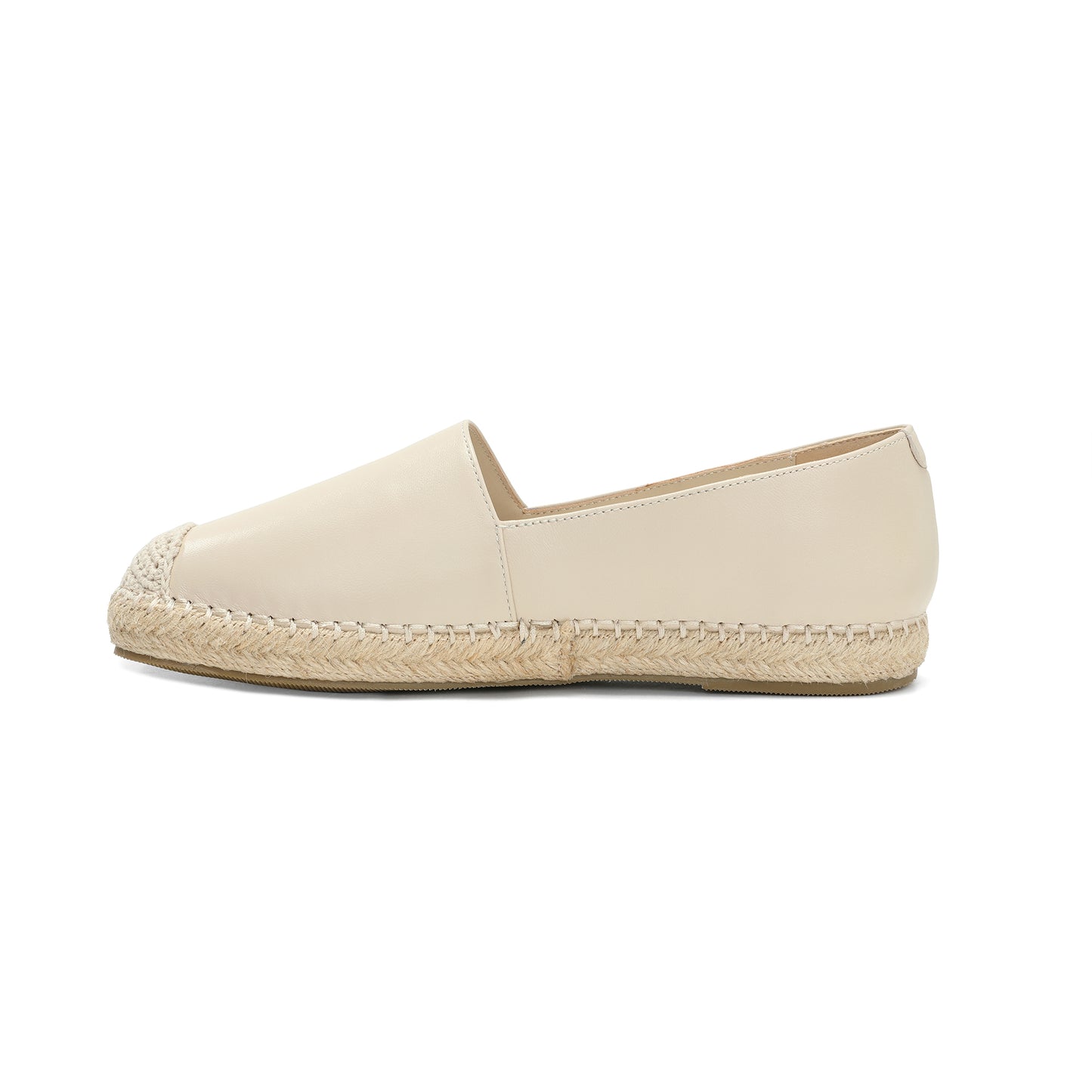 Beige Leather and Esparto Rope-Stitched Contrast Espadrille
