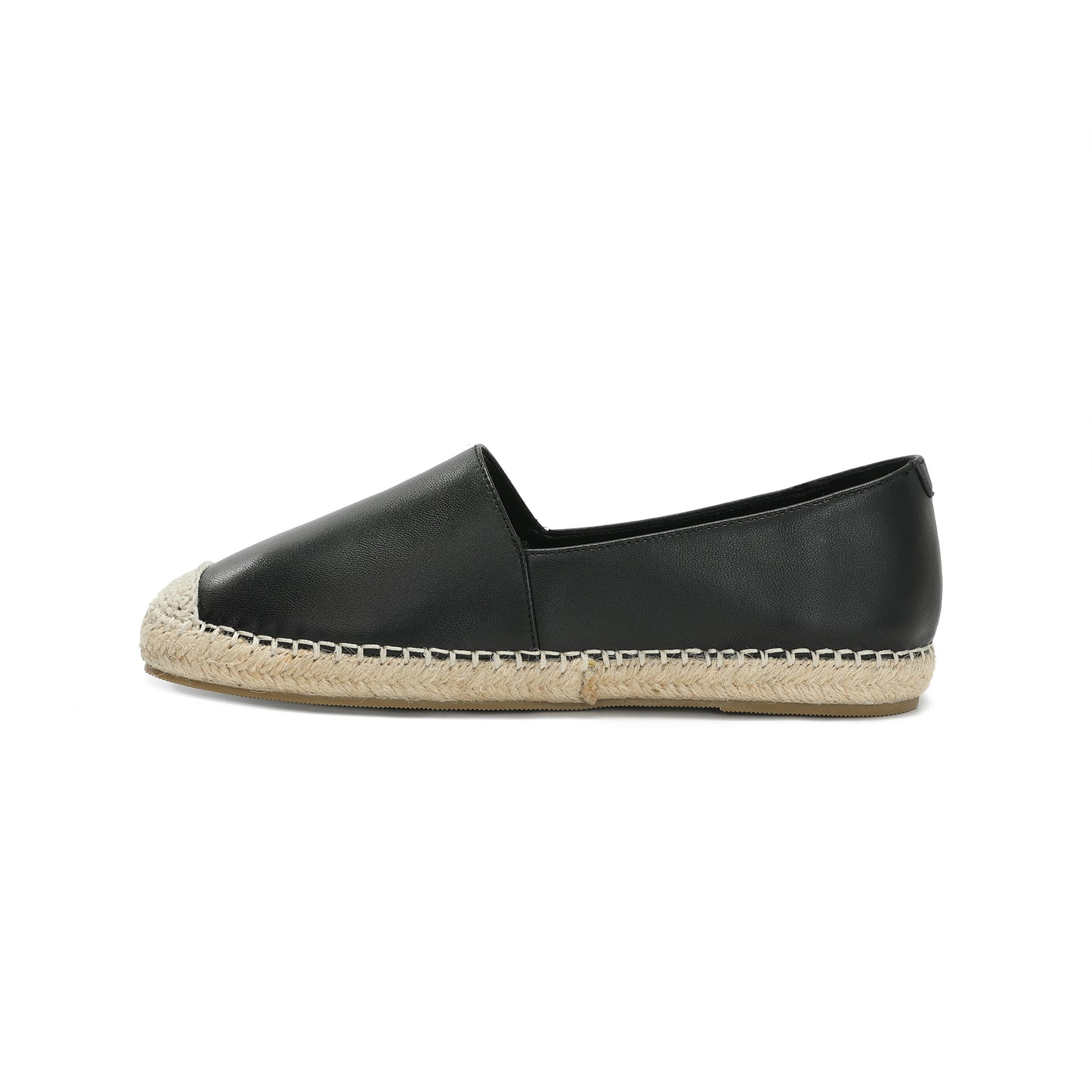 Black Leather and Esparto Rope-Stitched Contrast Espadrille