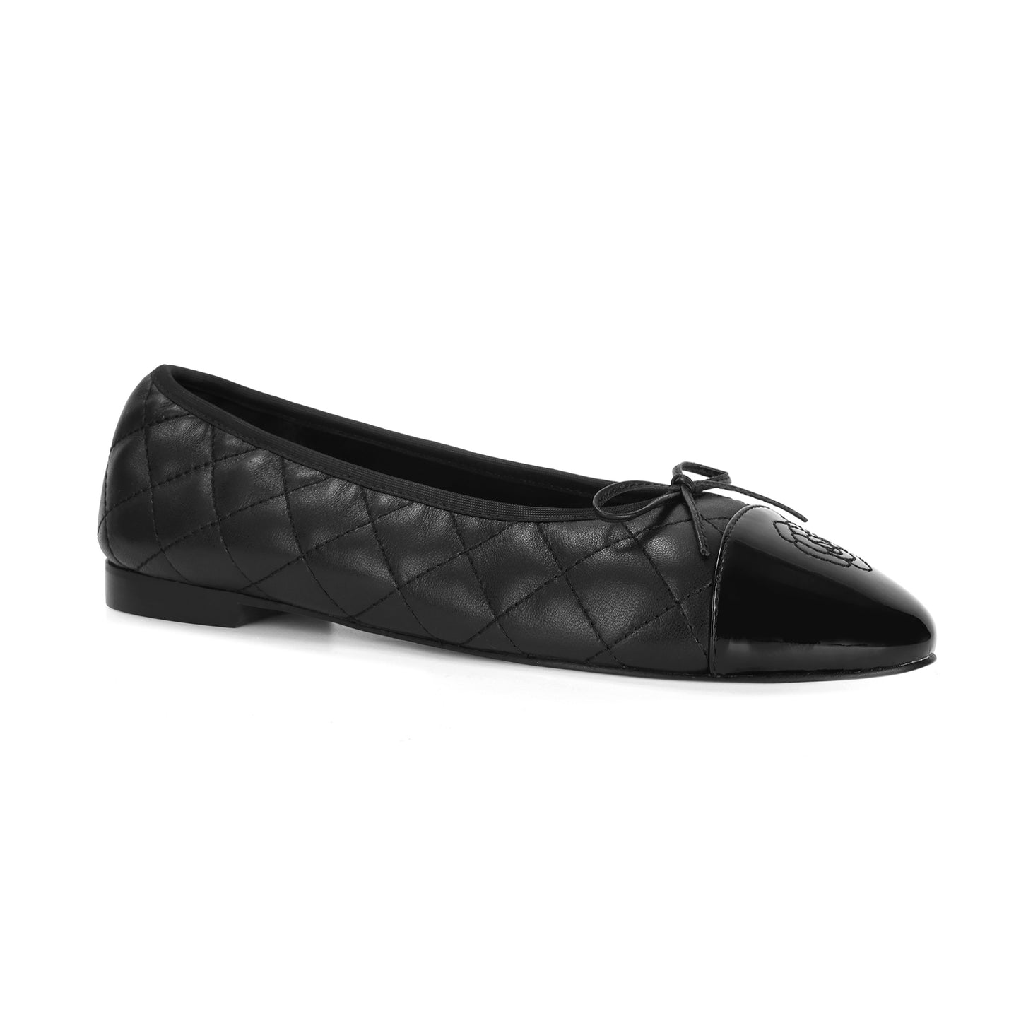 Black Quilted Leather Ballet Flats with Bow and Patent Toe Cap