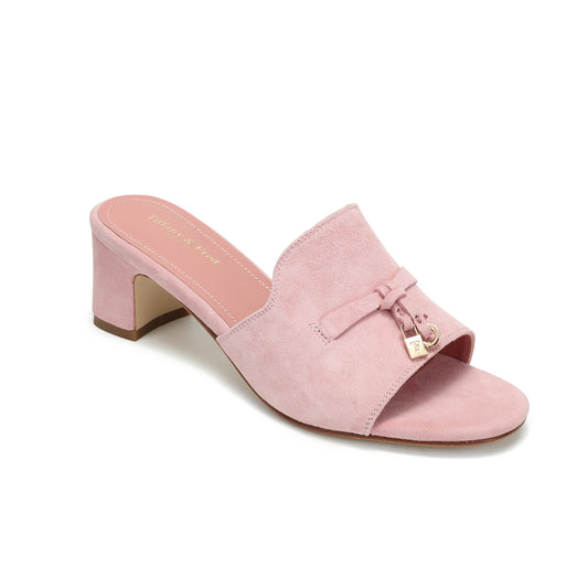Light Pink Charm-Accented Suede Leather Heeled Sandal