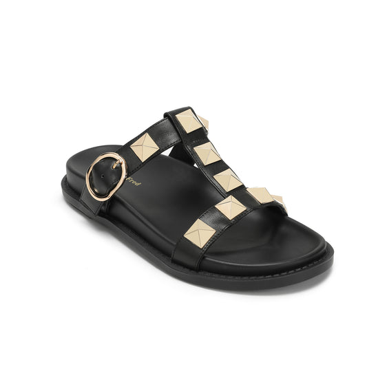 Black Leather Studded Double Crossover Strap Sandal