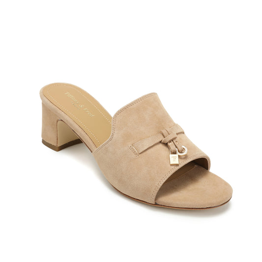 Tan Charm-Accented Suede Leather Heeled Sandal