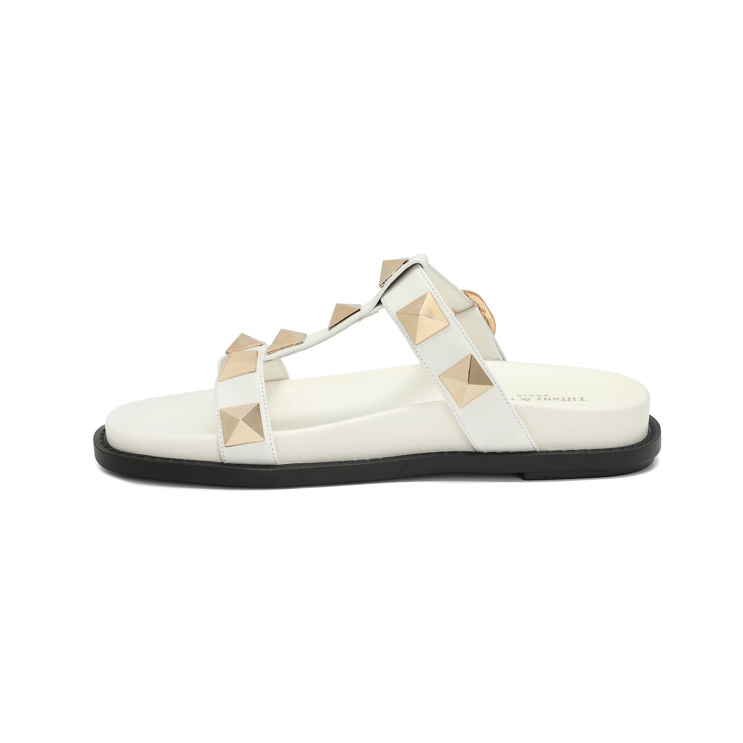 White Leather Studded Double Crossover Strap Sandal