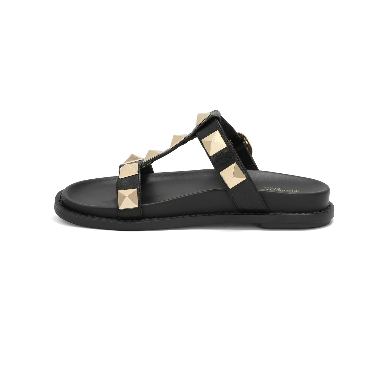 Black Leather Studded Double Crossover Strap Sandal