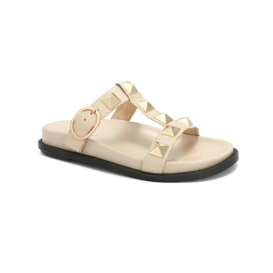Beige Leather Studded Double Crossover Strap Sandal