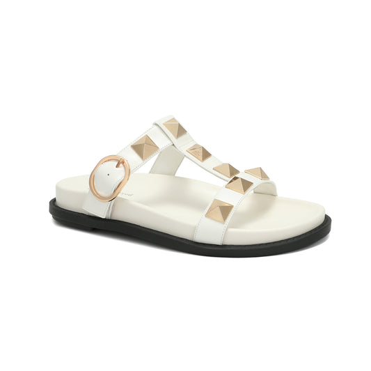 White Leather Studded Double Crossover Strap Sandal