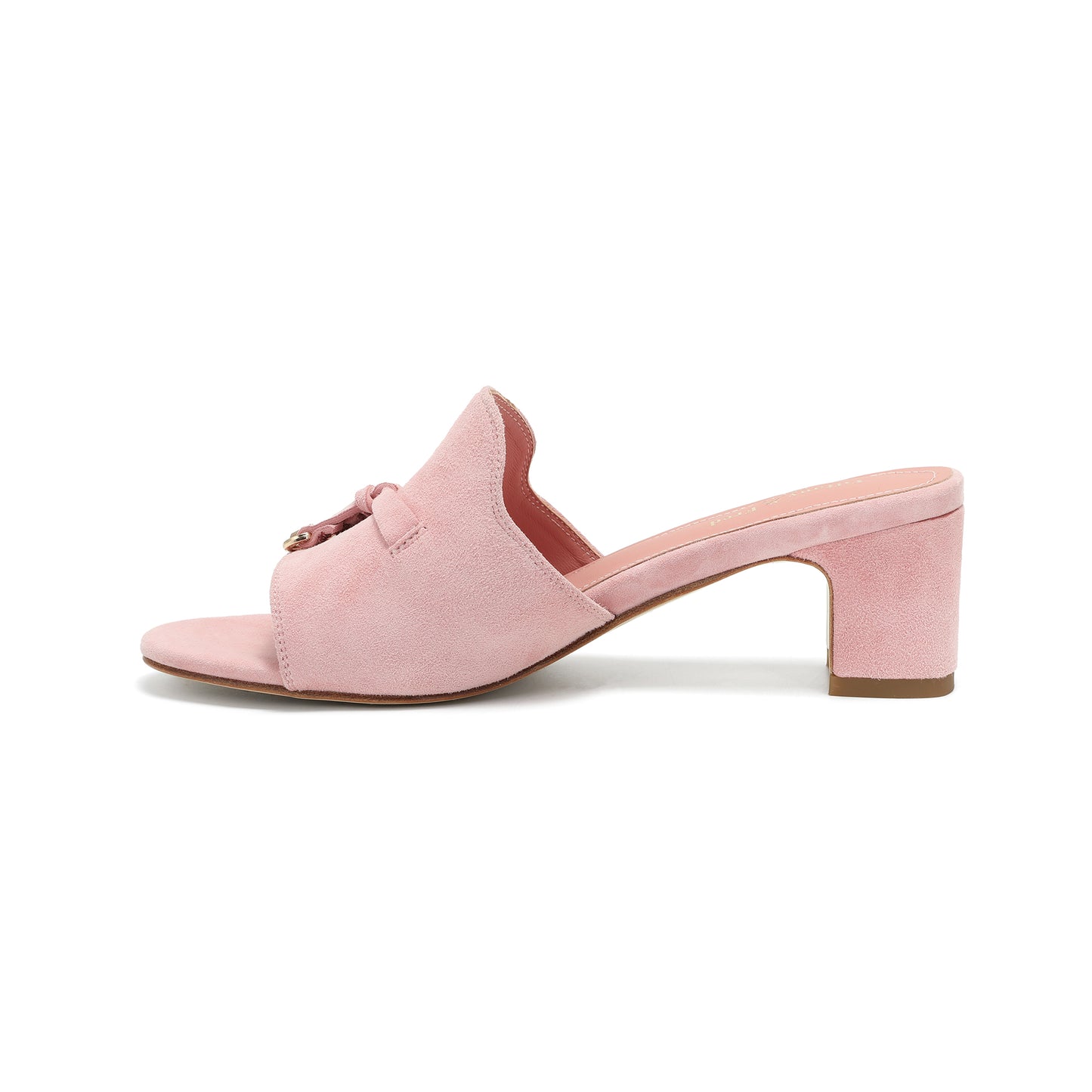 Light Pink Charm-Accented Suede Leather Heeled Sandal