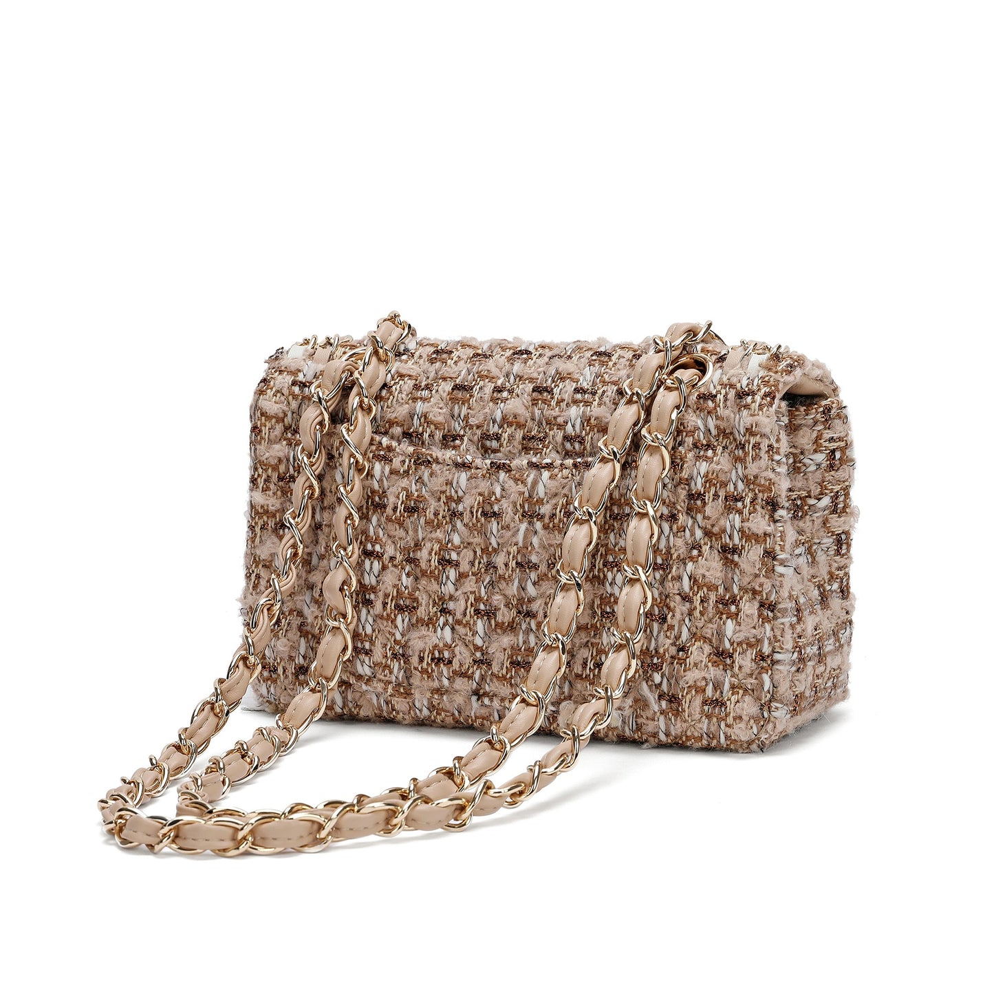 Leather Chain Trimmed Tweed Shoulder Bag