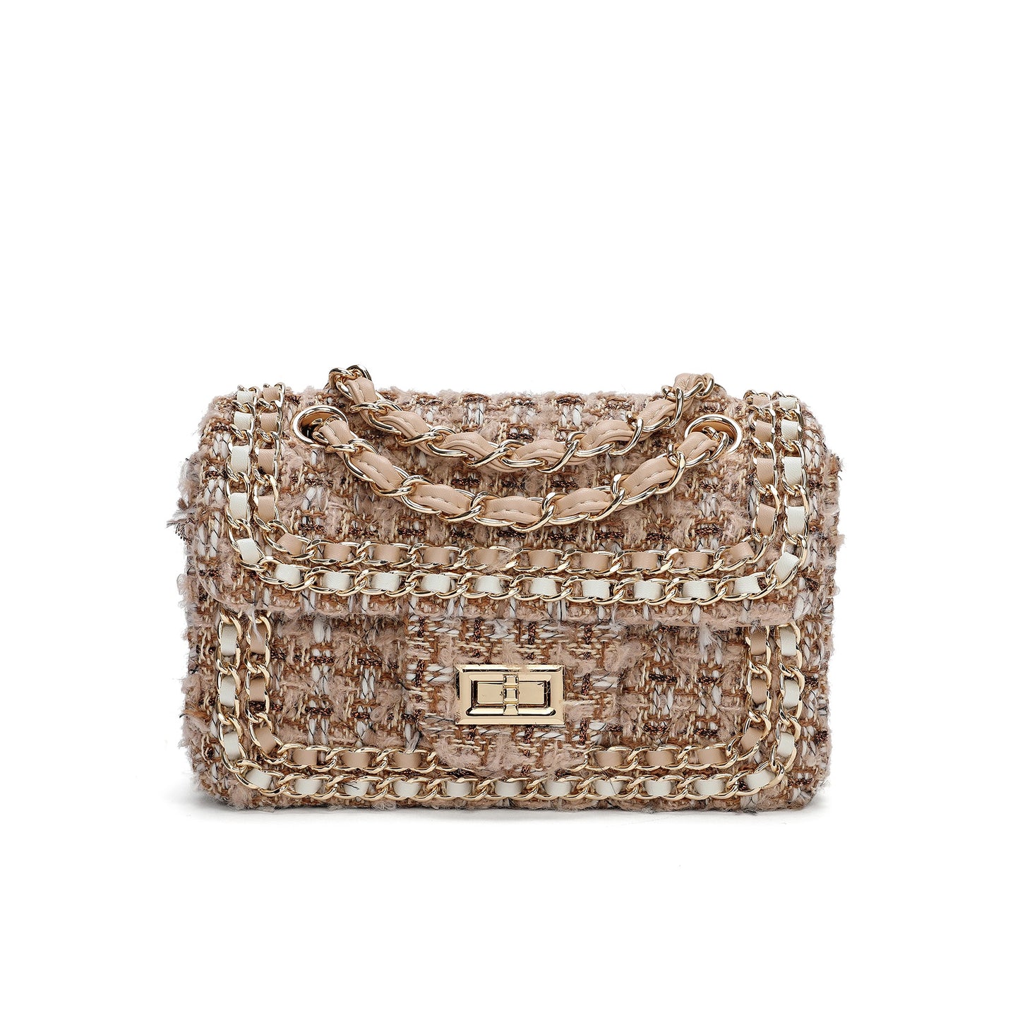 Leather Chain Trimmed Tweed Shoulder Bag