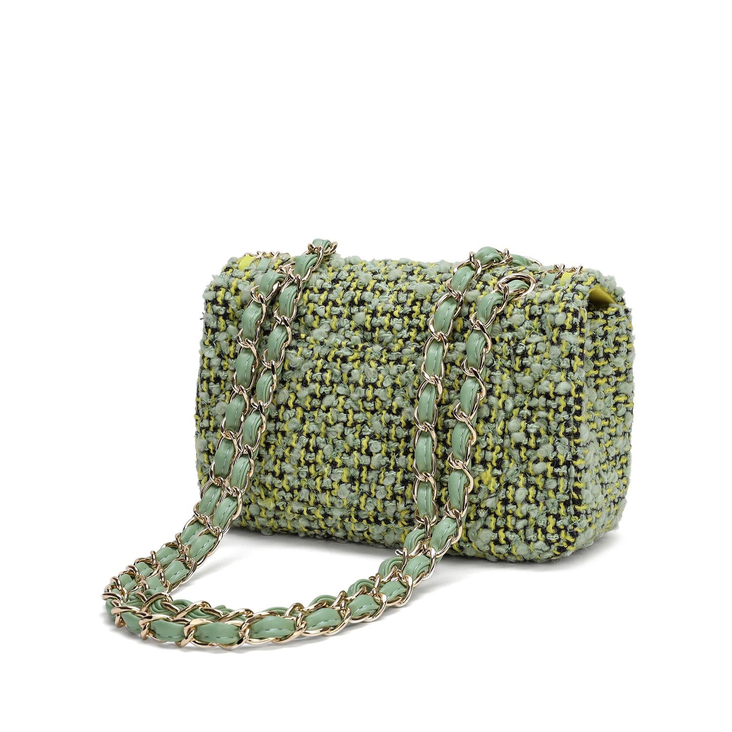 Leather Chain Trimmed Tweed Shoulder Bag