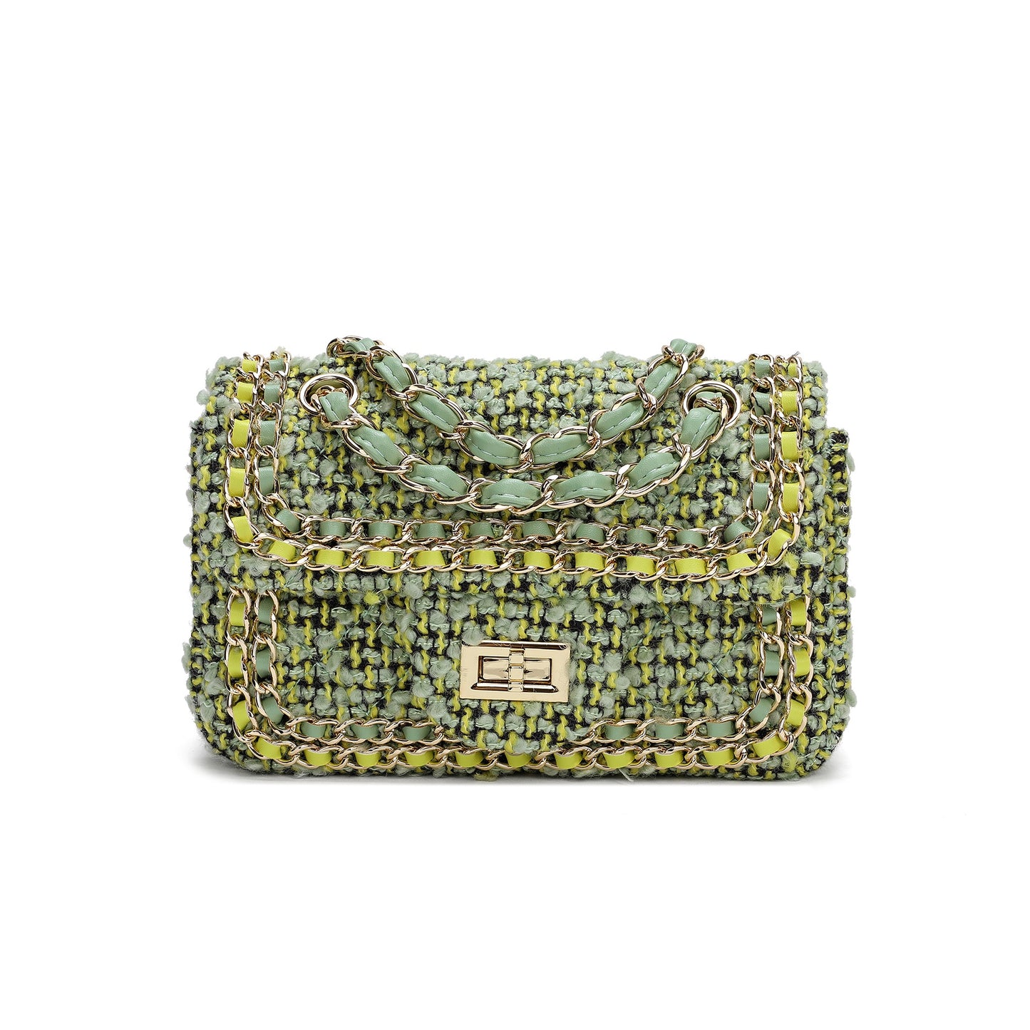 Leather Chain Trimmed Tweed Shoulder Bag