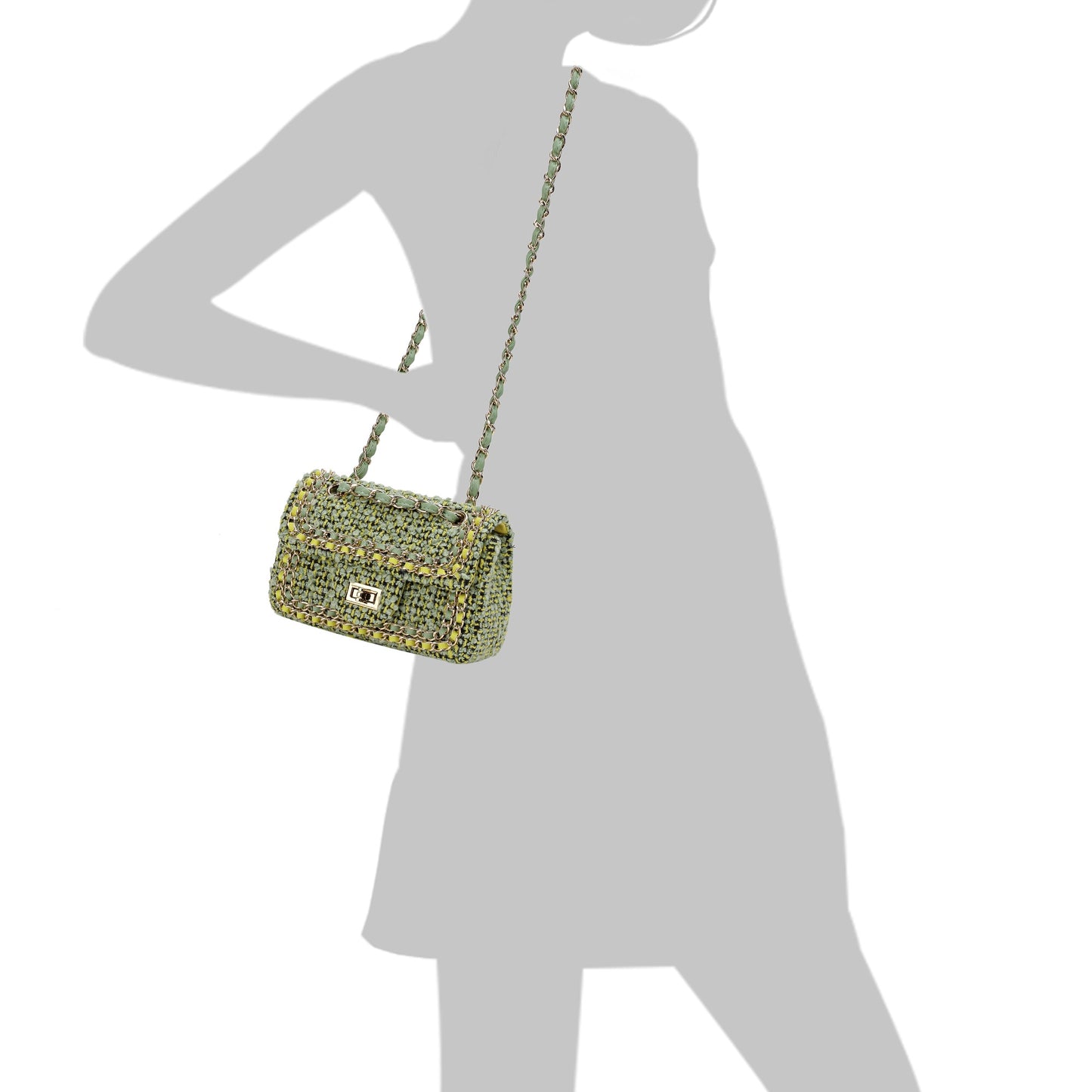 Leather Chain Trimmed Tweed Shoulder Bag