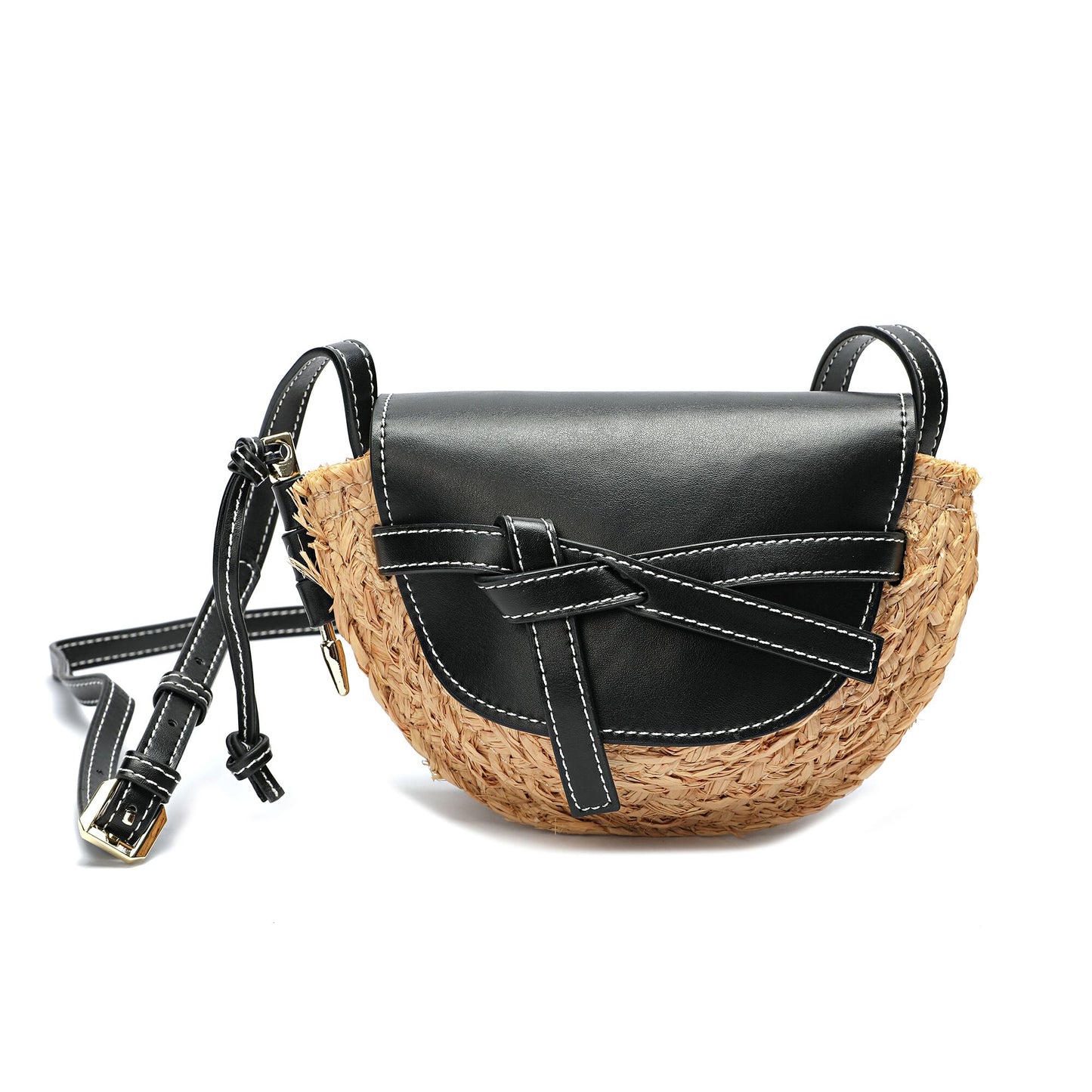 Full-grain Smooth Leather/ Straw Crossbody Bag With Bow Accent