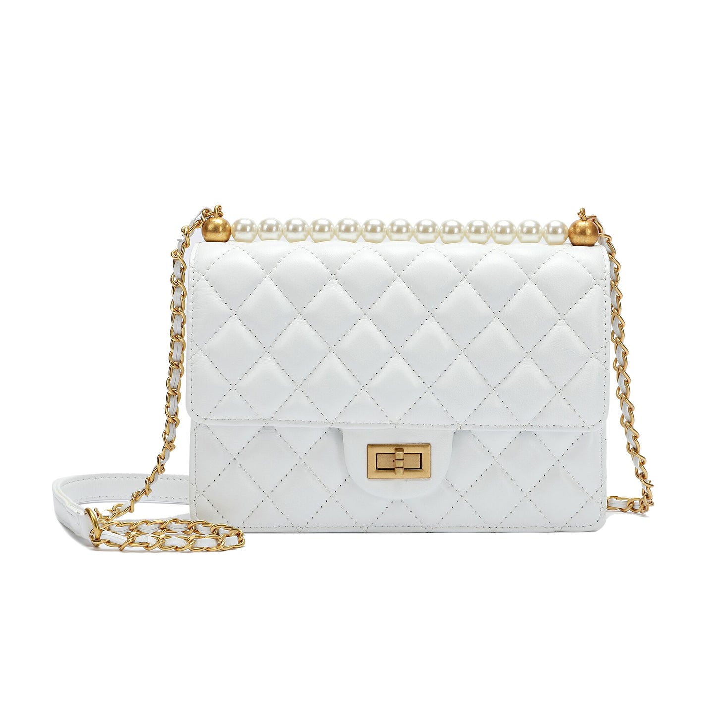 Full-grain Lambskin Leather Shoulder Bag Embellished With Faux Pearls