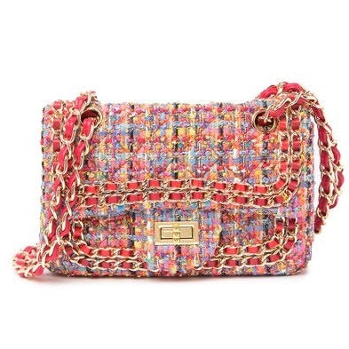 Leather Chain Trimmed Tweed Shoulder Bag