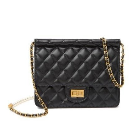 Faux Pearl Embellished Quilted Lambskin Crossbody Bag