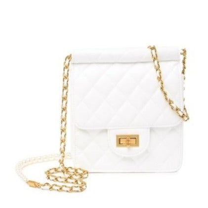Faux Pearl Strap Twist Lock Quilted Crossbody Bag