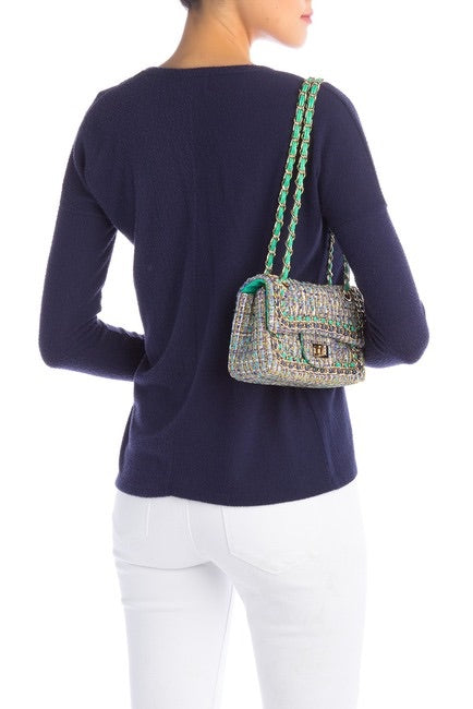 Leather Chain Trimmed Tweed Shoulder Bag