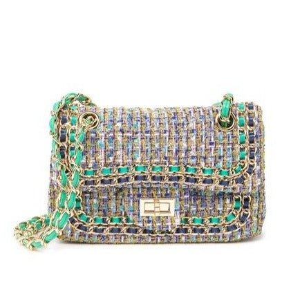 Leather Chain Trimmed Tweed Shoulder Bag