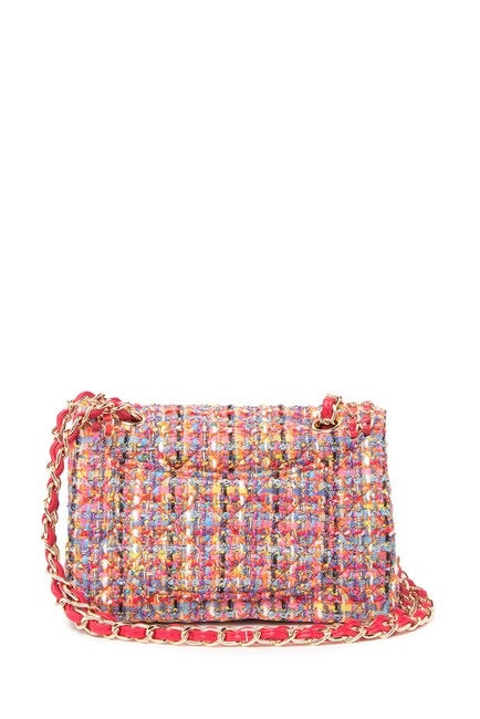 Leather Chain Trimmed Tweed Shoulder Bag