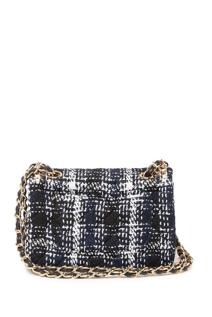 Leather Chain Trimmed Tweed Shoulder Bag