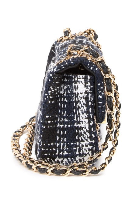 Leather Chain Trimmed Tweed Shoulder Bag