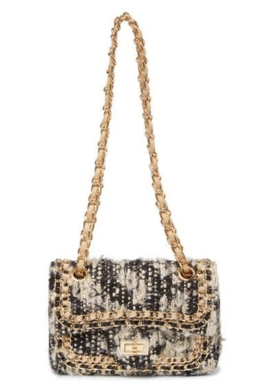 Leather Chain Trimmed Tweed Shoulder Bag