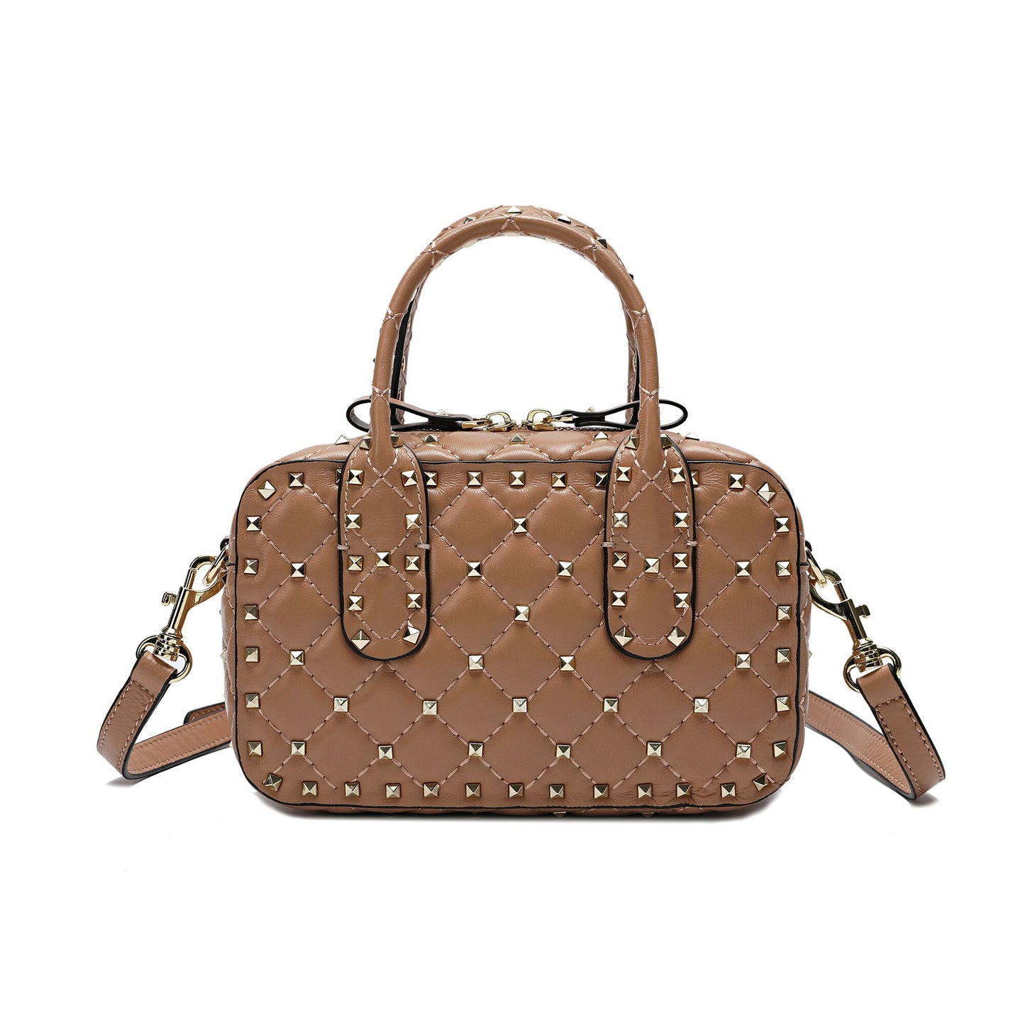 Double-handle Studded And Quilted Lambskin Shoulder Bag